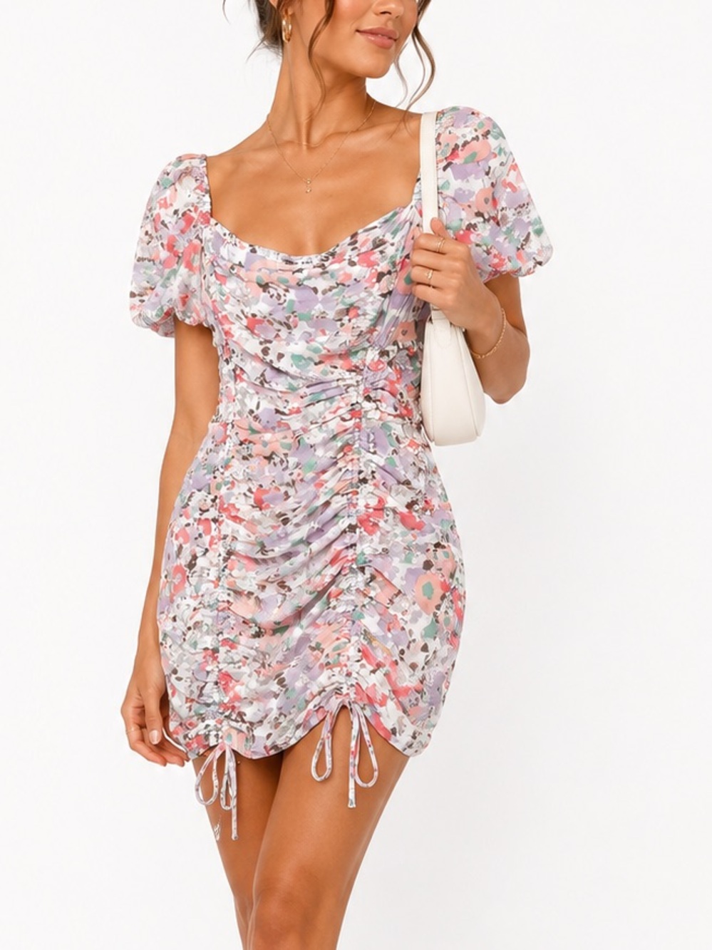 Nasty Gal Multicolored Floral Print Ruched Front Mini Dress size small